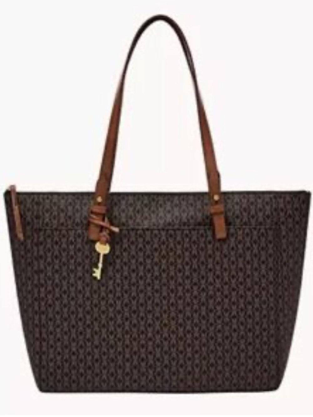 Fossil Rachel Brown Patterned Vegan Leather Tote Bag with Leather Straps